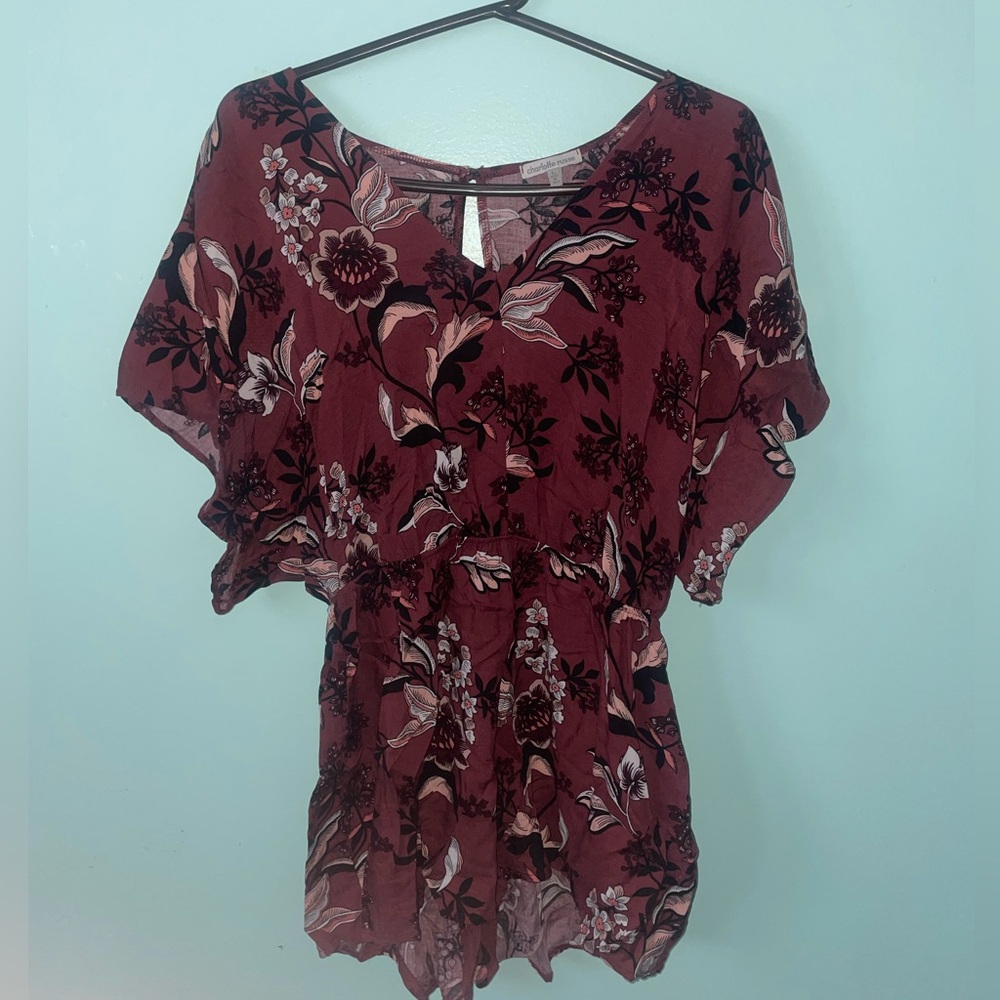 Women’s Charlotte Russe Maroon Floral Shirt Sleeve Romper